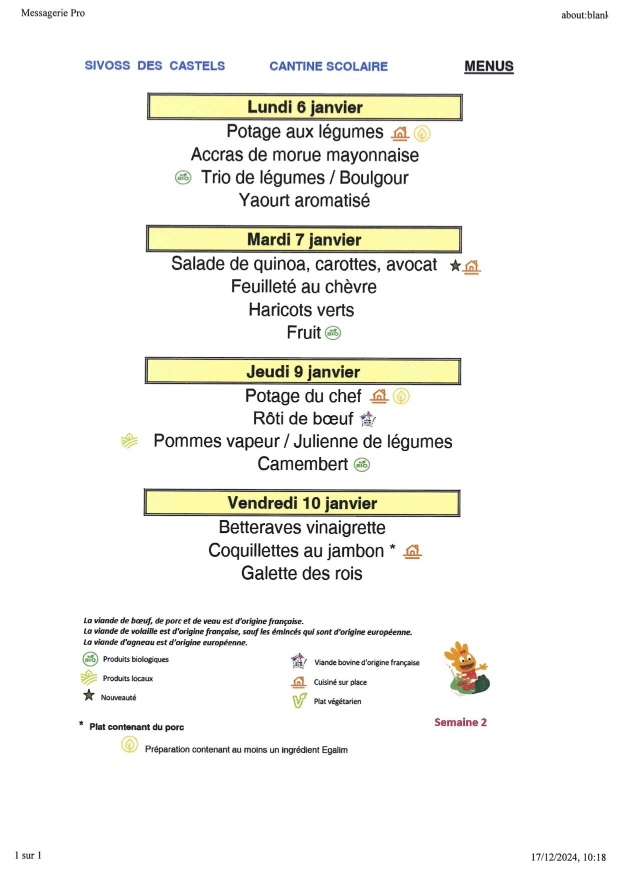 Menu 6 au 10 janvier